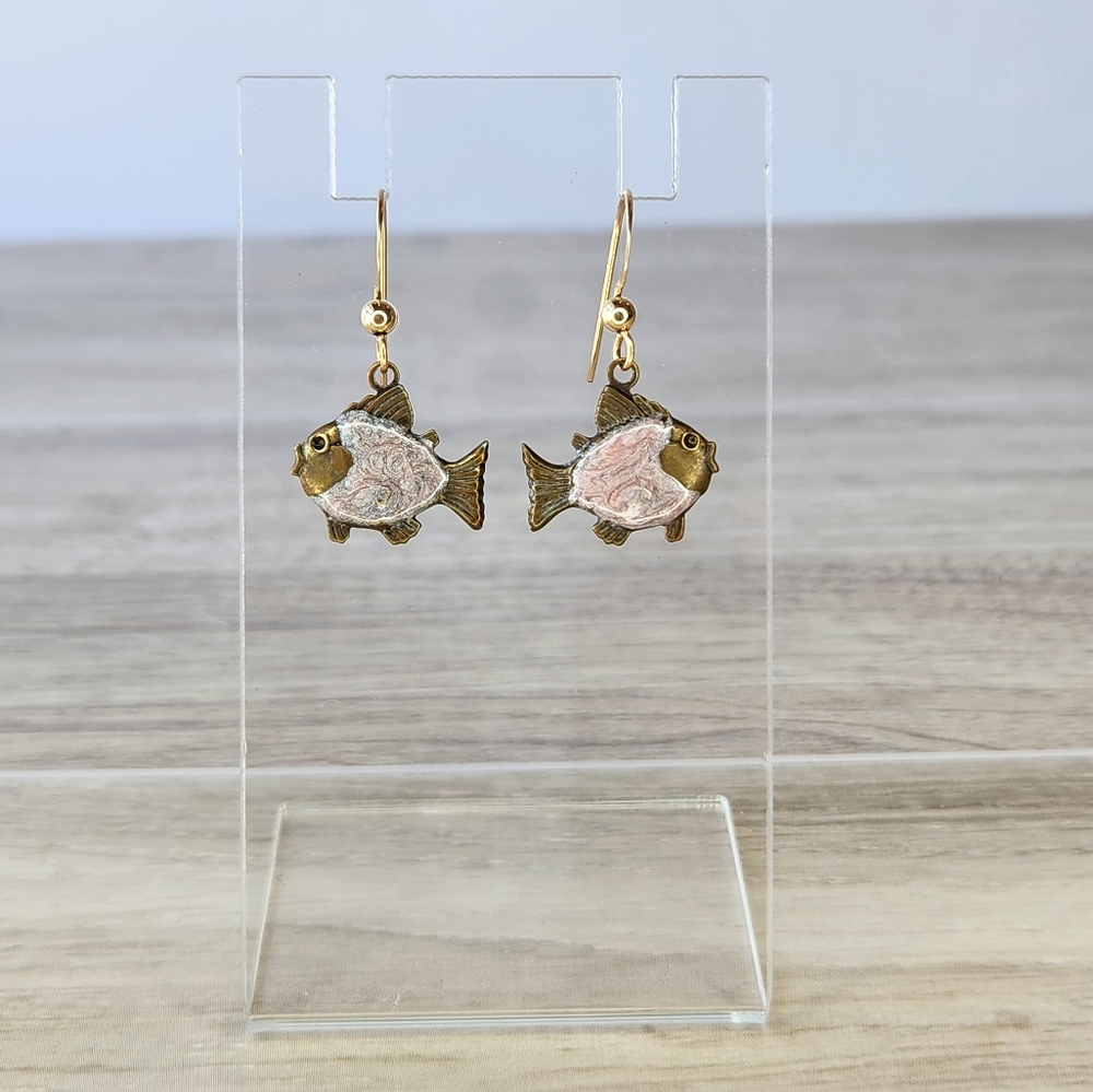 Bronze Fish With Pink Marble Color Dangle Earrings Gold Tone Fish Hook Backs